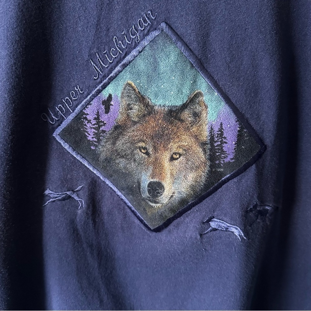 Vintage Embroidered Wolf Tee Navy T-Shirt 90s Size 2XL 1996 Upper Michigan